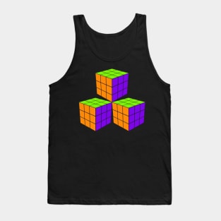 Three Rubik Cubes in a Triangle - Orange, Green and Purple Tank Top